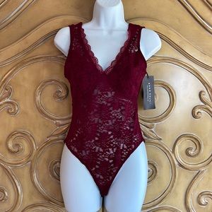 NWT Sans Souci burgundy lace bodysuit